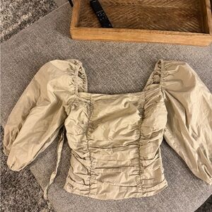 Wayf Beige Ruched Puff Sleeve Blouse